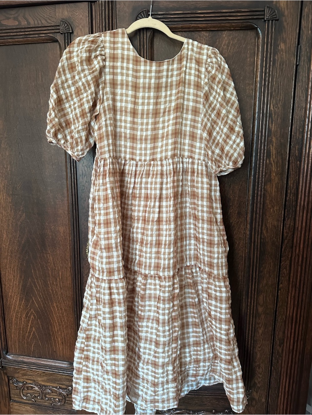English Factory Brown and Cream Plaid Tiered Midi Dress
